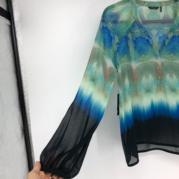 NWT Marciano paisley patterned green blue ombre long sleeve button neck top S - Picture 9 of 16